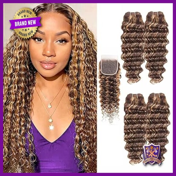 Deep Wave Human Hair Bundles with Lace Closure, 14-20+14 Inch Lengths main image 4